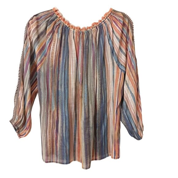 None Tops - Multicolor Striped Blouse Crochet Trim Size Medium Boho Bohemian Artsy